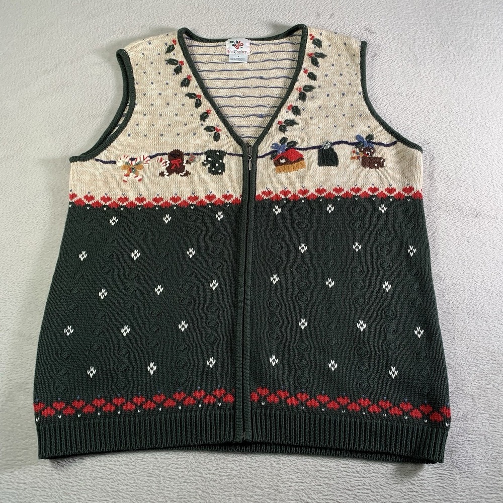 Vintage Nutcracker Women's Knit Christmas Vest‎ Short Zip Up Size XL Textured